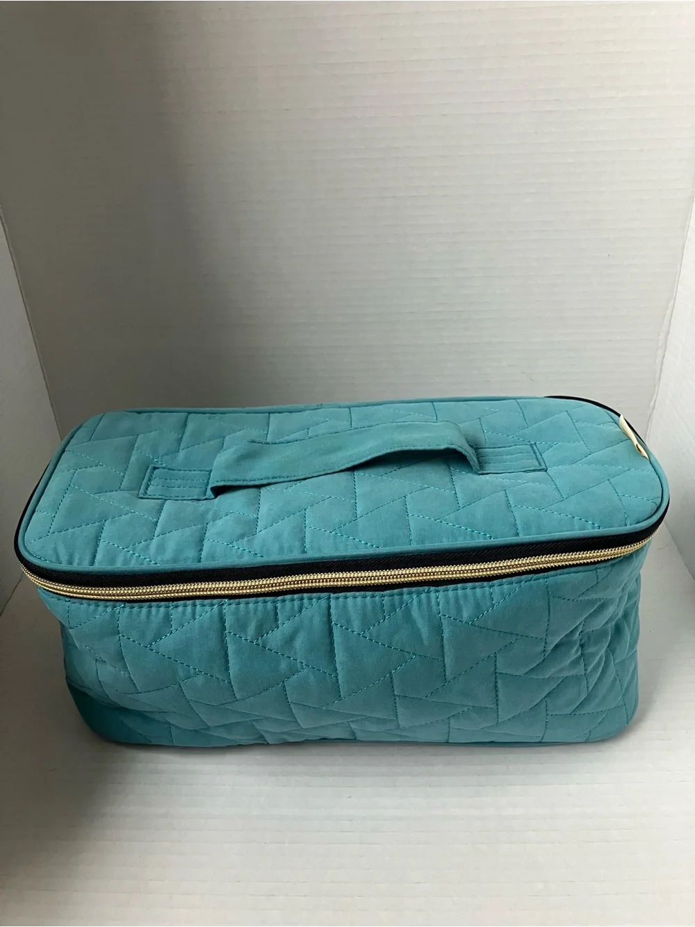 Quilted Teal Cosmetic Travel Case with Gold Zipper Compartments Brush Organizer